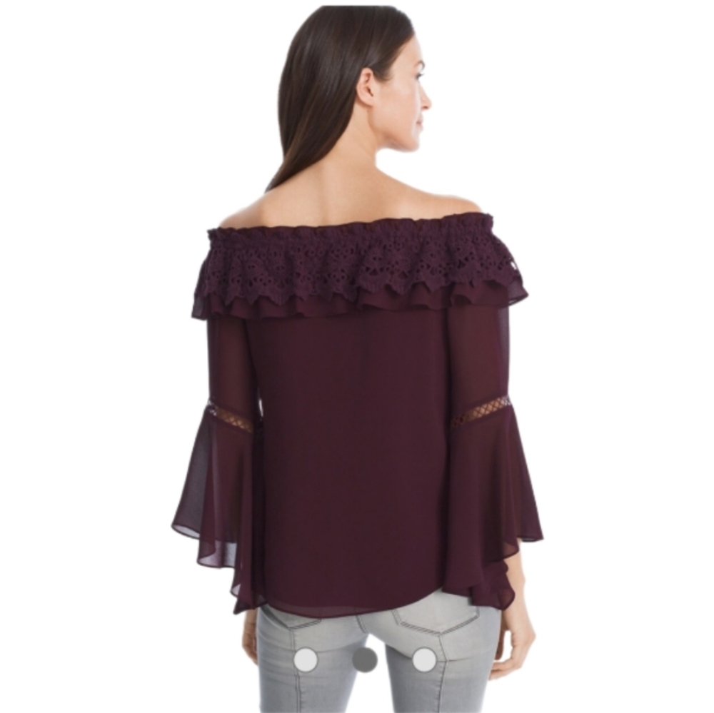 White House Black Market Boho Crochet Trim Top Bell Sleeve Size Medium - Picture 2 of 10
